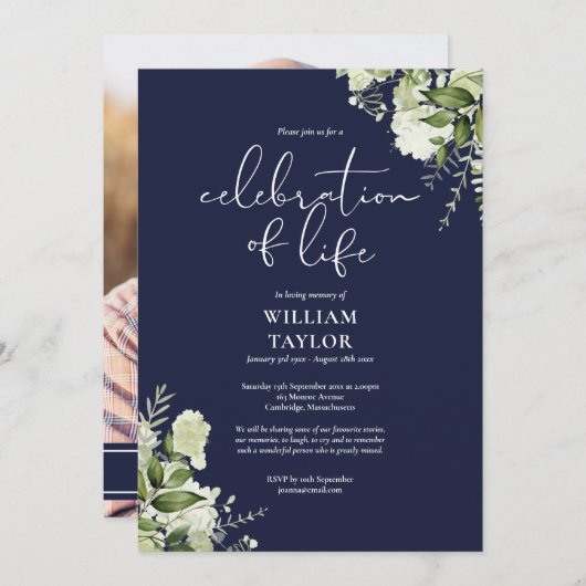 Greenery Navy Blue Celebration of Life Photo Kaart (Voorkant / Achterkant)