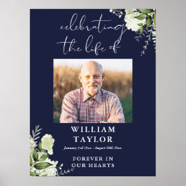 Greenery Navy Blue Celebration Of Life Photo Poster