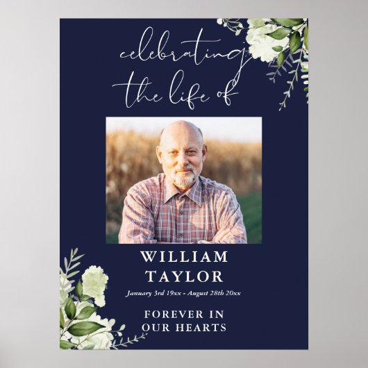 Greenery Navy Blue Celebration Of Life Photo Poster (Voorkant)