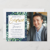 Greenery Navy Blue Gold Surprise Birthday Foto Kaart (Voorkant)