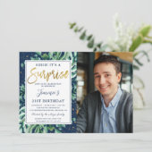 Greenery Navy Blue Gold Surprise Birthday Foto Kaart (Staand voorkant)