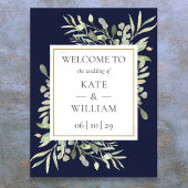 Greenery Navy Blue Wedding Welkom Teken Poster