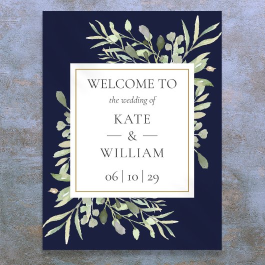Greenery Navy Blue Wedding Welkom Teken Poster