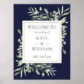 Greenery Navy Blue Wedding Welkom Teken Poster (Voorkant)