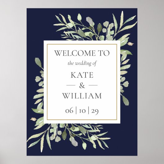 Greenery Navy Blue Wedding Welkom Teken Poster (Voorkant)