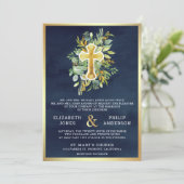 Greenery Navy Gold Alles in één katholieke bruilof Kaart (Staand voorkant)