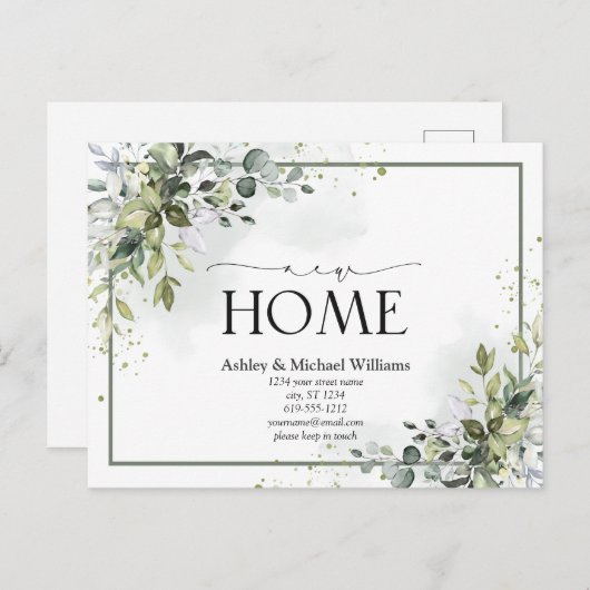 Greenery New Home Script Verhuisaankondiging Aankondigingskaart (Voorkant / Achterkant)