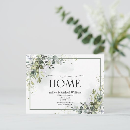 Greenery New Home Script Verhuisaankondiging Aankondigingskaart (Staand voorkant)