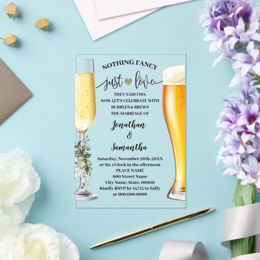 Greenery Niets Fancy Alleen liefde Bubbles & Brew Acryl Uitnodigingen (Insitu (Huwelijk))