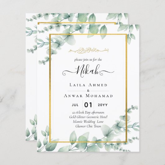 Greenery NIKAH WALIMAH Eucalyptus GOLD QR CODE INV (Voorkant / Achterkant)