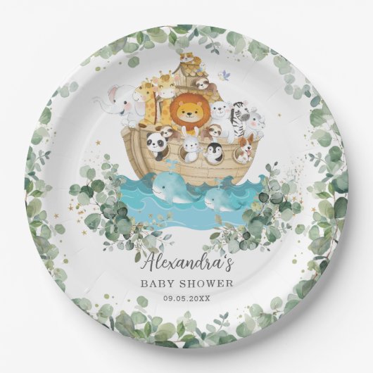 Greenery Noah's Ark Baby shower Verjaardagsdoop Papieren Bordje (Voorkant)