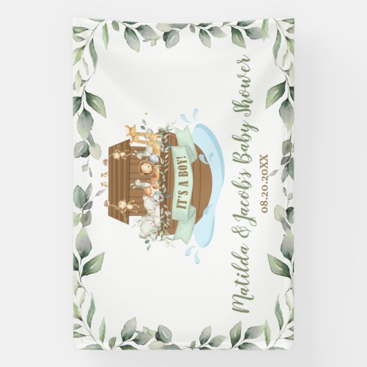 Greenery Noah's Ark Baby shower Welkomstachtergron Spandoek (Verticaal)