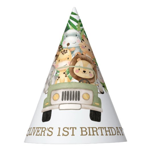 Greenery Oerwoud Animals Safari Car Birthday Cone Feesthoedjes (Voorkant)