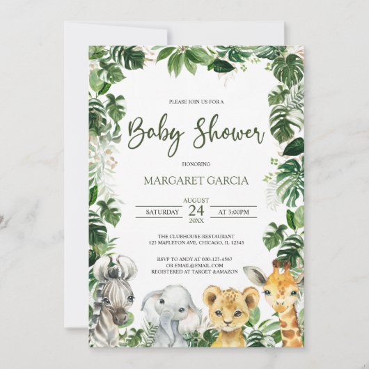 Greenery Oerwoud Safari Animals Baby shower Kaart (Voorkant)