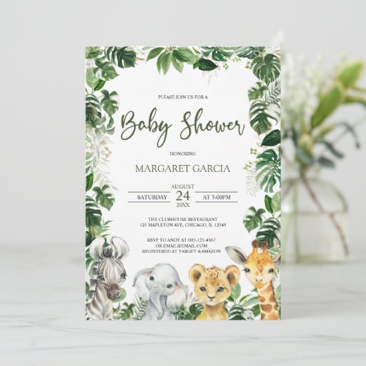 Greenery Oerwoud Safari Animals Baby shower Kaart (Staand voorkant)
