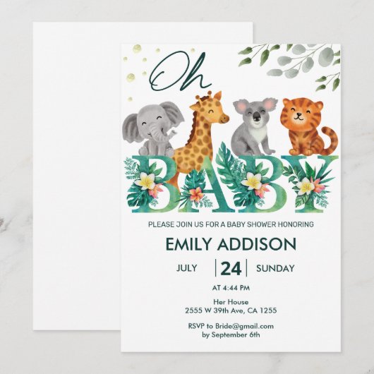 Greenery Oerwoud Safari Animals Oh Baby shower Kaart (Voorkant / Achterkant)