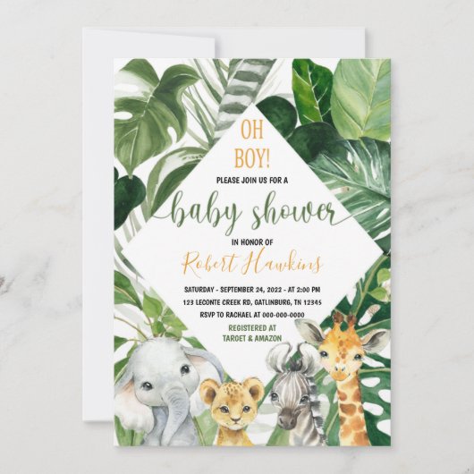 Greenery Oerwoud safari Baby shower Invitation Boy Kaart (Voorkant)
