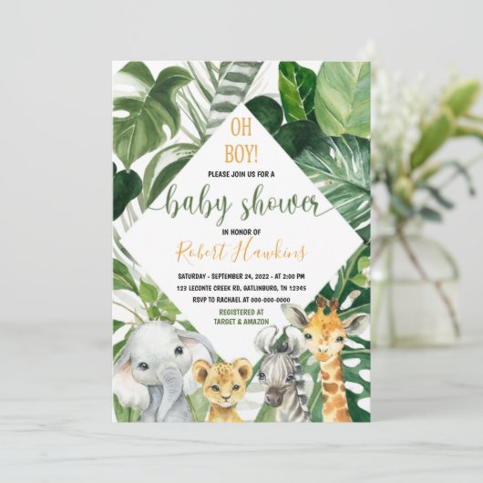 Greenery Oerwoud safari Baby shower Invitation Boy Kaart (Staand voorkant)