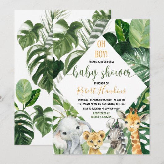 Greenery Oerwoud safari Baby shower Invitation Boy Kaart (Voorkant / Achterkant)