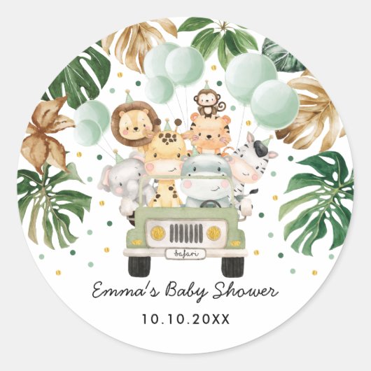 Greenery Oerwoud Safari Wilde Dieren Baby shower Ronde Sticker (Voorkant)