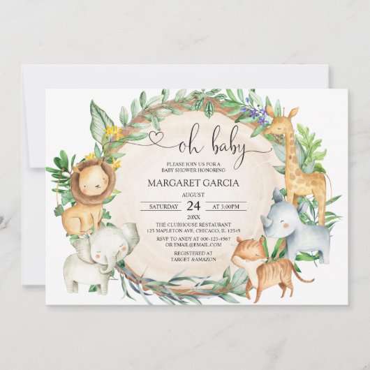 Greenery Oh Baby Safari Animals Baby shower Kaart (Voorkant)