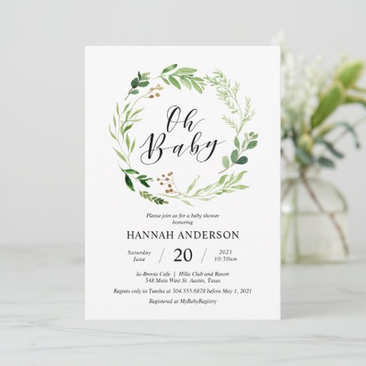 Greenery Oh Baby shower Modern Script Kaart (Staand voorkant)