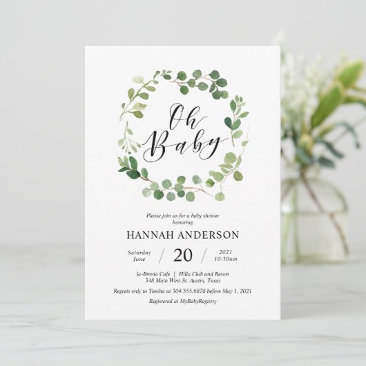 Greenery Oh Baby shower Modern Script Kaart (Staand voorkant)