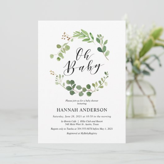 Greenery Oh Baby shower Modern Script Kaart (Staand voorkant)