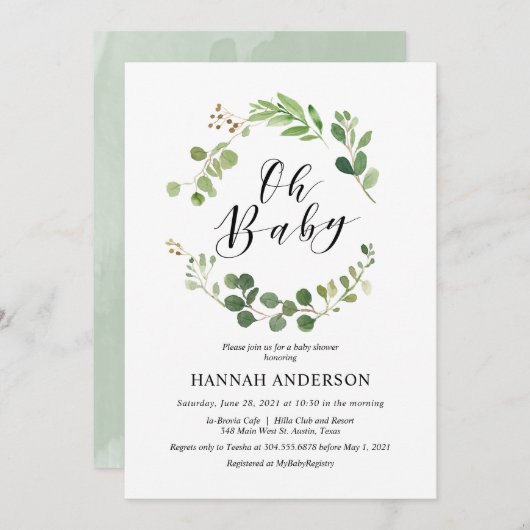Greenery Oh Baby shower Modern Script Kaart (Voorkant / Achterkant)