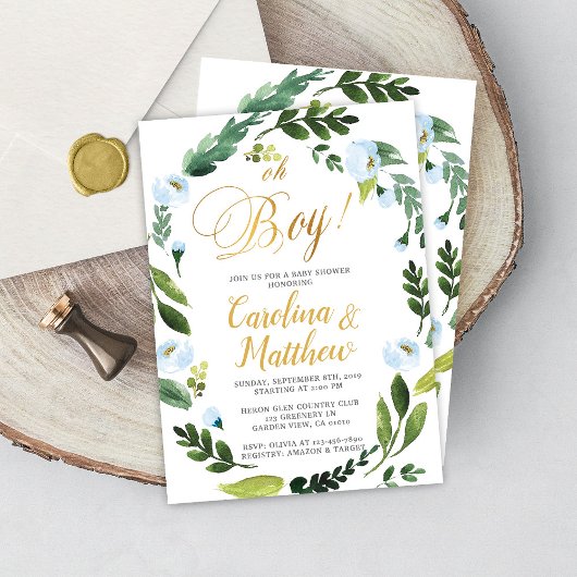Greenery Oh Boy Baby shower Invitation Gold Kaart