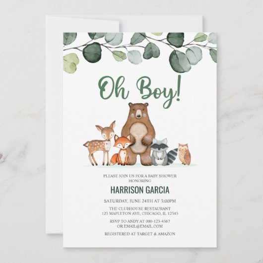 Greenery Oh Boy Woodland Animals Baby shower Kaart (Voorkant)