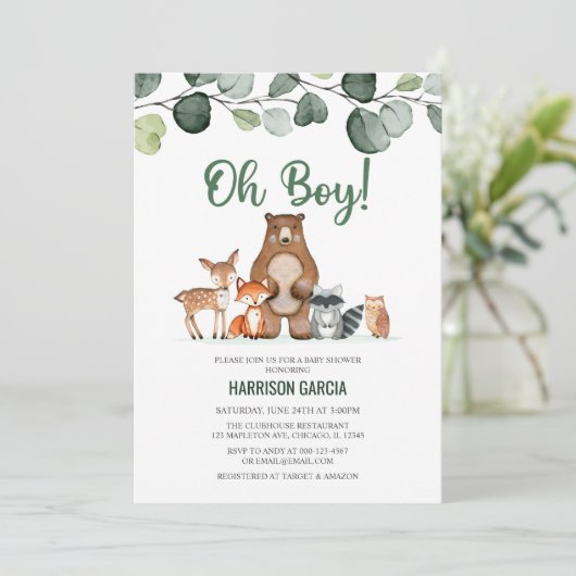 Greenery Oh Boy Woodland Animals Baby shower Kaart (Staand voorkant)