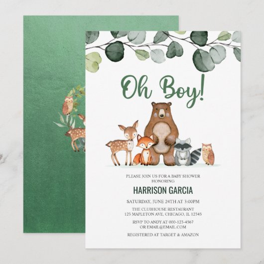 Greenery Oh Boy Woodland Animals Baby shower Kaart (Voorkant / Achterkant)