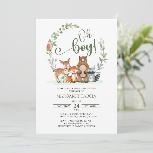 Greenery Oh Boy Woodland Animals Baby shower Kaart (Staand voorkant)