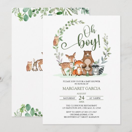 Greenery Oh Boy Woodland Animals Baby shower Kaart (Voorkant / Achterkant)