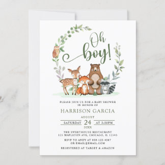 Greenery Oh Boy Woodland Animals Baby shower Kaart