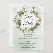 Greenery olijfbladgroen met witte rozen save the date (Voorkant)