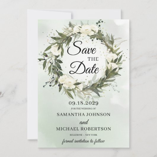 Greenery olijfbladgroen met witte rozen save the date (Voorkant)