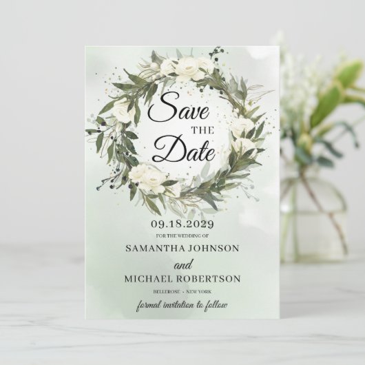 Greenery olijfbladgroen met witte rozen save the date (Staand voorkant)