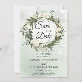 Greenery olijfbladgroen met witte rozen save the date