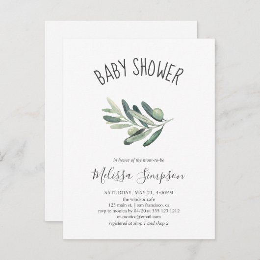 Greenery Olive Baby shower Uitnodiging Briefkaart (Voorkant / Achterkant)
