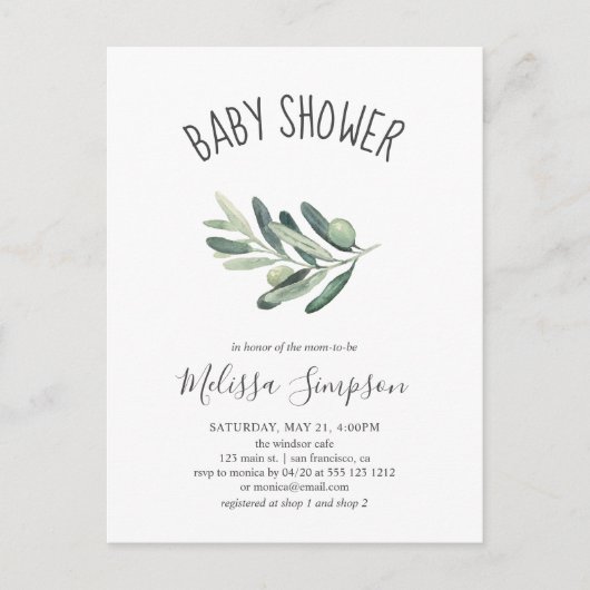 Greenery Olive Baby shower Uitnodiging Briefkaart (Voorkant)