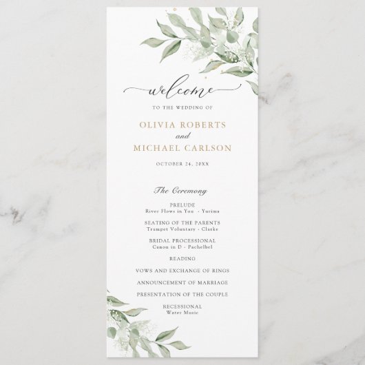 Greenery Olive Branch Baby's Breath Gold Wedding Programmakaart (Voorkant)