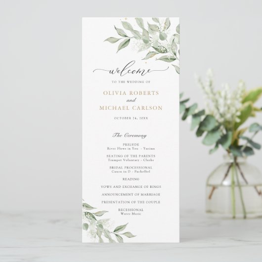 Greenery Olive Branch Baby's Breath Gold Wedding Programmakaart (Staand voorkant)