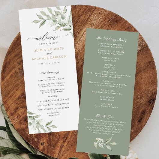 Greenery Olive Branch Baby's Breath Gold Wedding Programmakaart