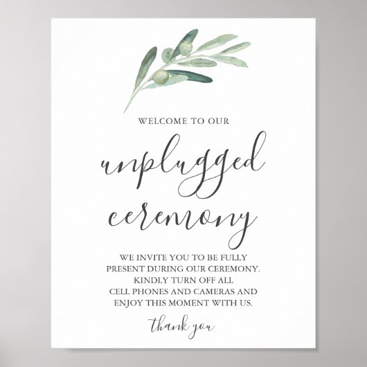 Greenery Olive Unplugged Wedding Sign Poster (Voorkant)
