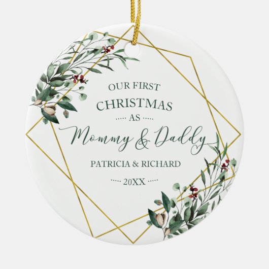 Greenery Ons eerste kerstfeest als mama en papa Keramisch Ornament (Voorkant)