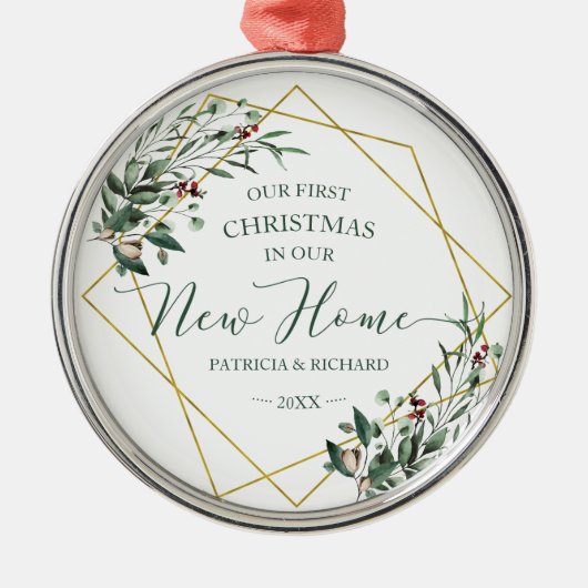 Greenery ons eerste kerstfeest in ons nieuwe huis metalen ornament (Voorkant)