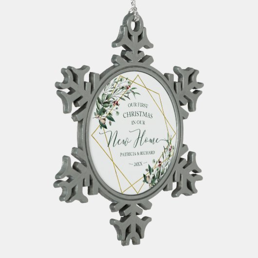 Greenery ons eerste kerstfeest in ons nieuwe huis tin sneeuwvlok ornament (Links)