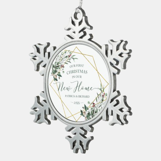 Greenery ons eerste kerstfeest in ons nieuwe huis tin sneeuwvlok ornament (Rechts)